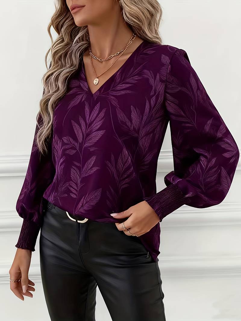 Ruchama | Eleganti Langarm-Bluse mit Blattmuster