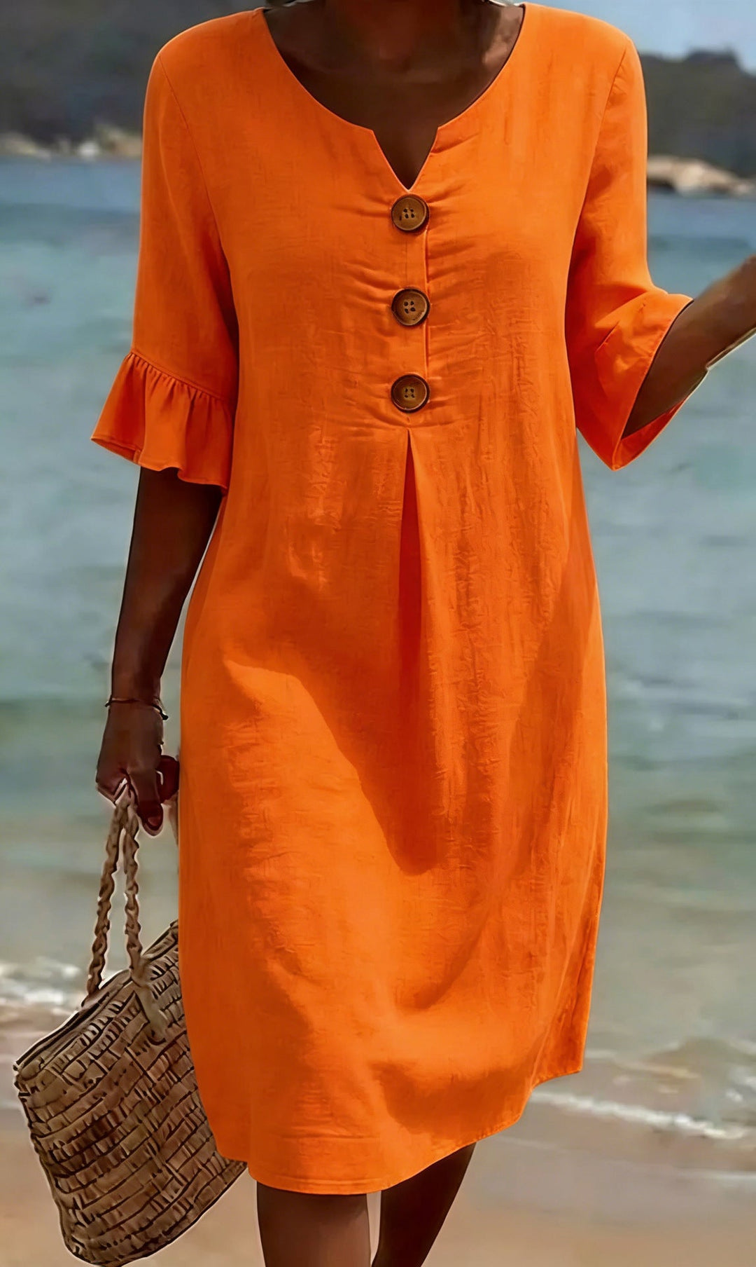 Viona – Baumwoll-Leinen Kleid mit Knöpfen und Volantärmeln