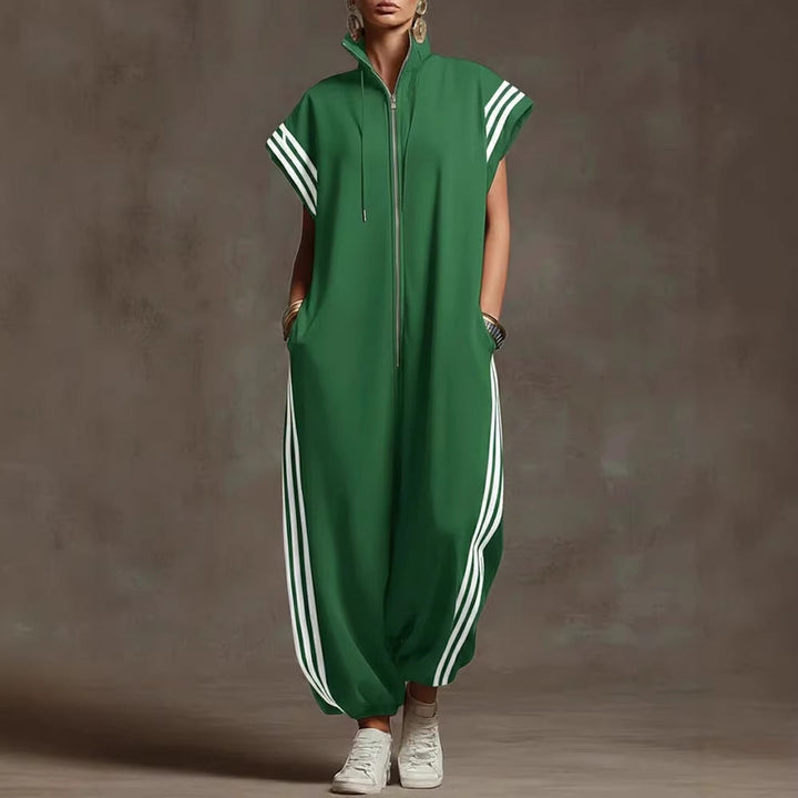 Elvara™ | Gestreifter Jumpsuit in Kontrastfarben mit Stehkragen und Reissverschluss