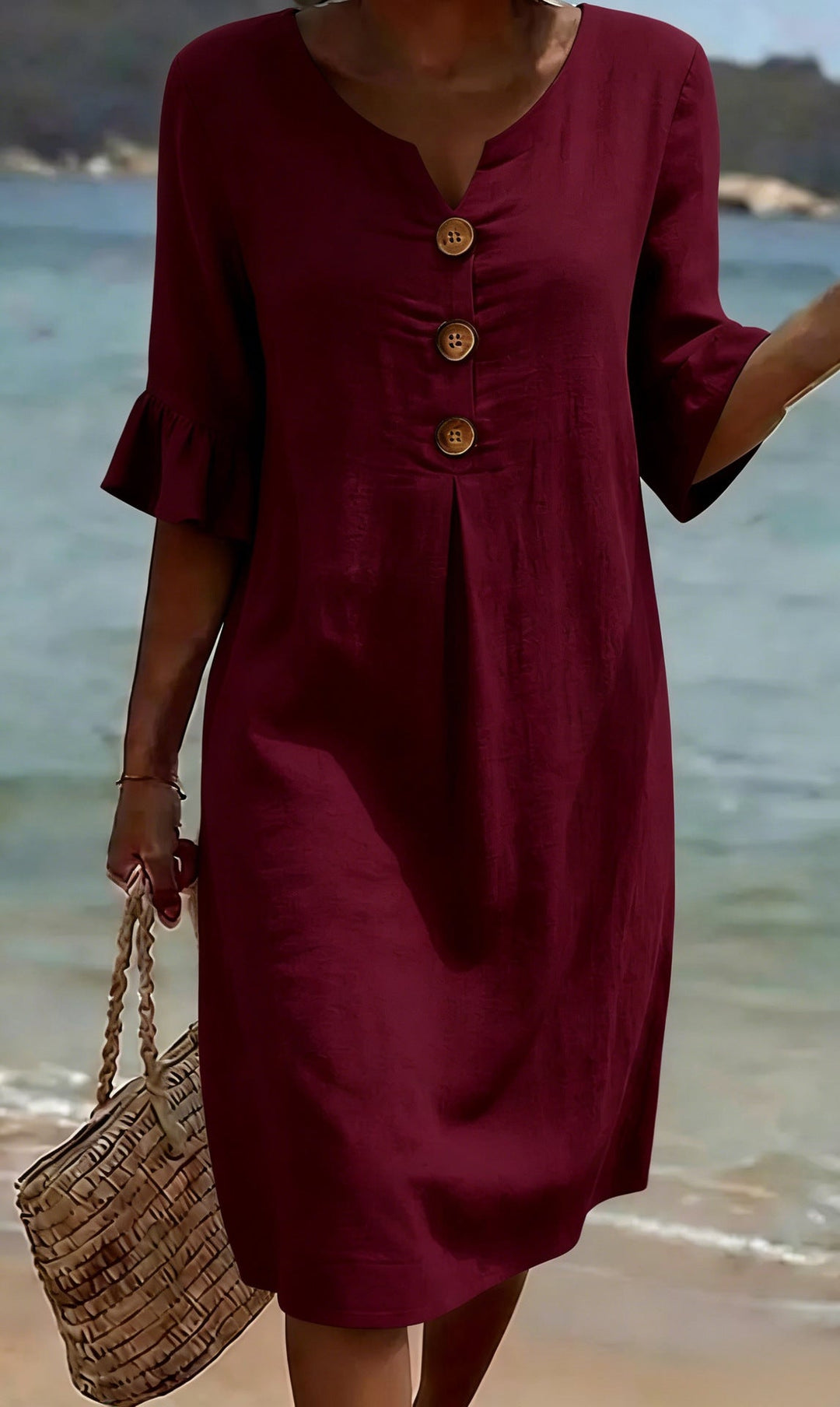 Viona – Baumwoll-Leinen Kleid mit Knöpfen und Volantärmeln