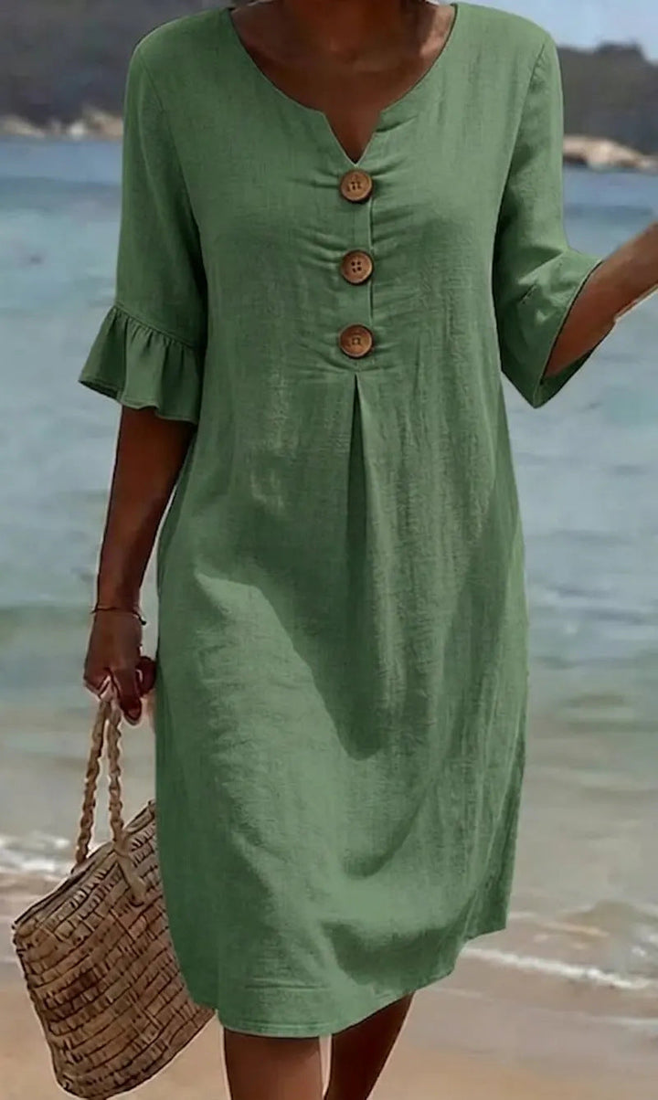 Viona – Baumwoll-Leinen Kleid mit Knöpfen und Volantärmeln