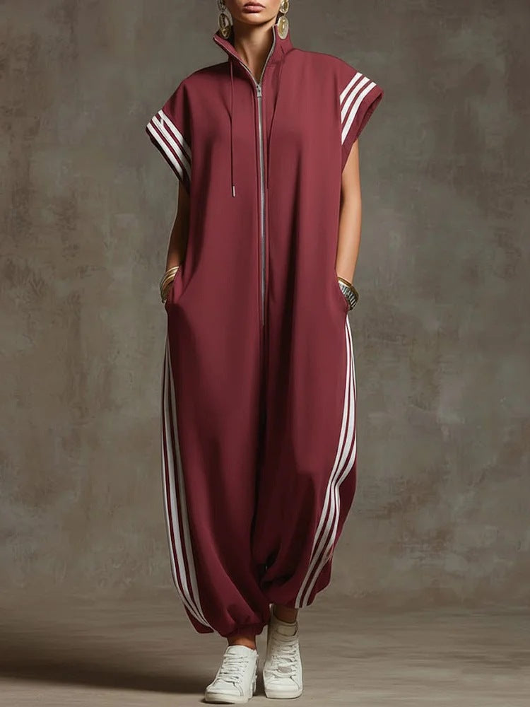 Elvara™ | Gestreifter Jumpsuit in Kontrastfarben mit Stehkragen und Reissverschluss