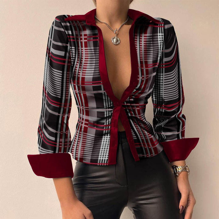 Silvia | V-Ausschnitt PU-Leder bedruckt Langarm Patchwork-Bluse