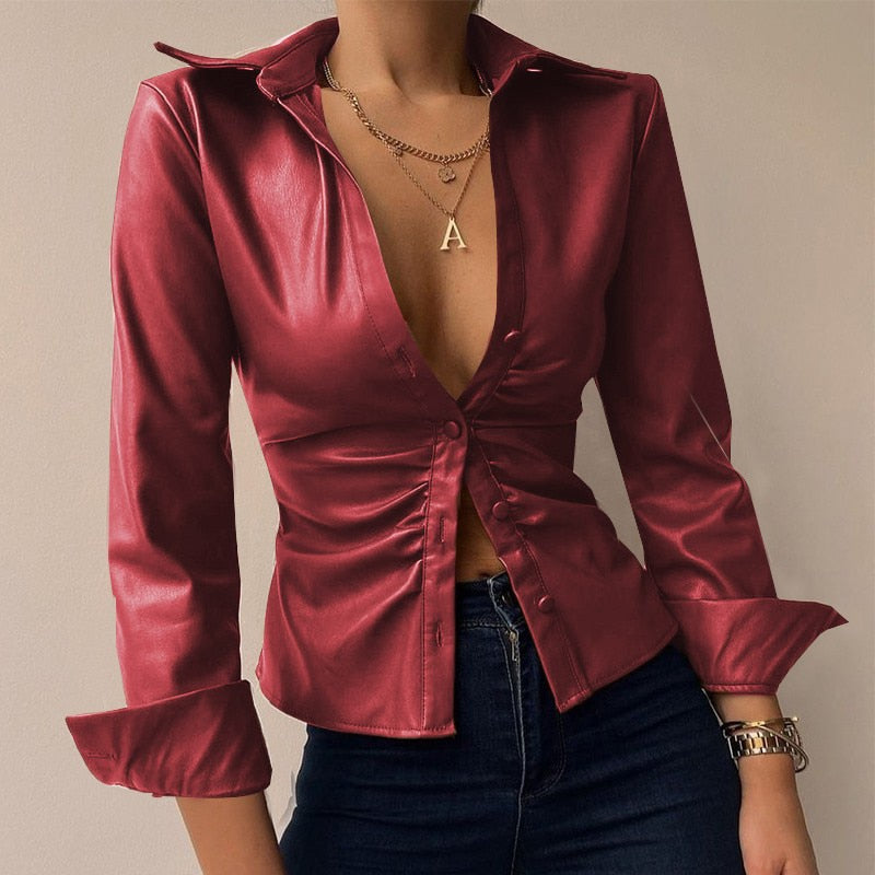 Silvia | V-Ausschnitt PU-Leder bedruckt Langarm Patchwork-Bluse