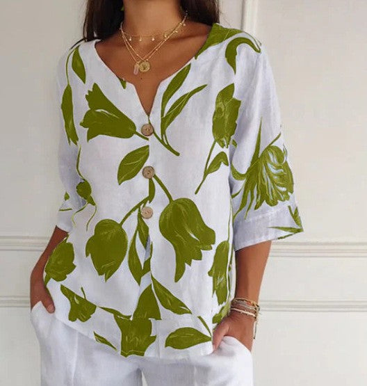 Despoina – Elegantes Blumentop mit Knöpfen