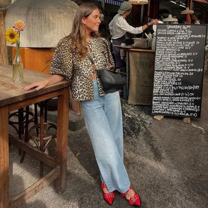 Rose | Trendige Bluse mit Leopardenmuster und Puffärmeln