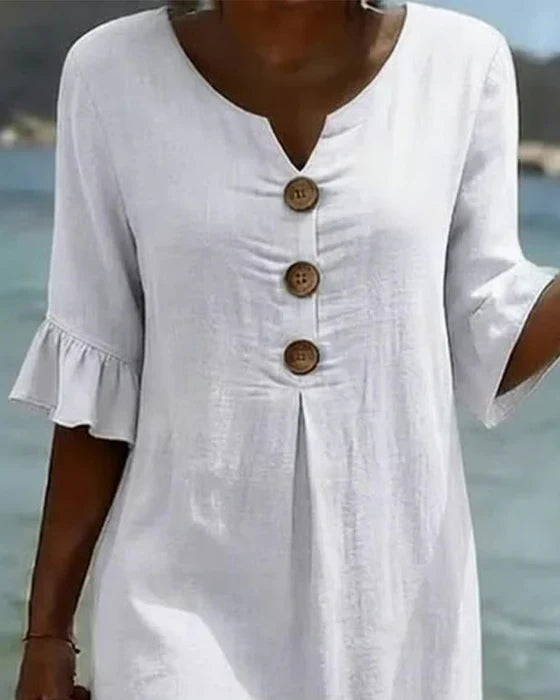 Viona – Baumwoll-Leinen Kleid mit Knöpfen und Volantärmeln