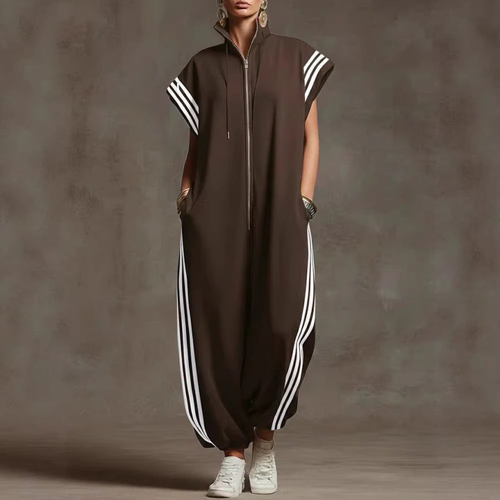 Elvara™ | Gestreifter Jumpsuit in Kontrastfarben mit Stehkragen und Reissverschluss