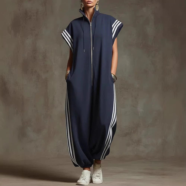 Elvara™ | Gestreifter Jumpsuit in Kontrastfarben mit Stehkragen und Reissverschluss