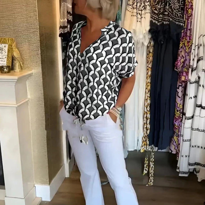 Estelle – Bedrucktes V-Ausschnitt Casual-Top