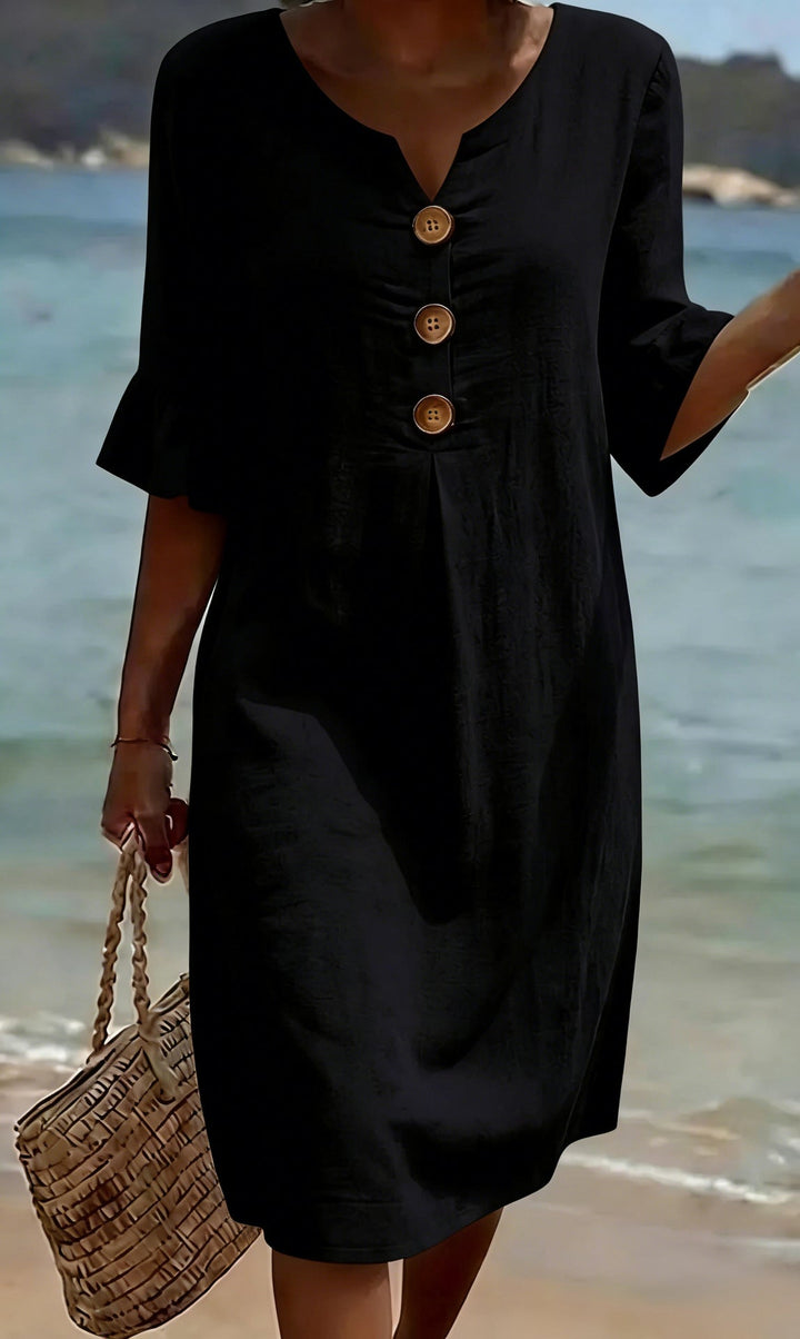 Viona – Baumwoll-Leinen Kleid mit Knöpfen und Volantärmeln