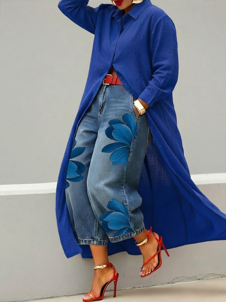 Daniella – Leinenkleid & Florales Denim-Set