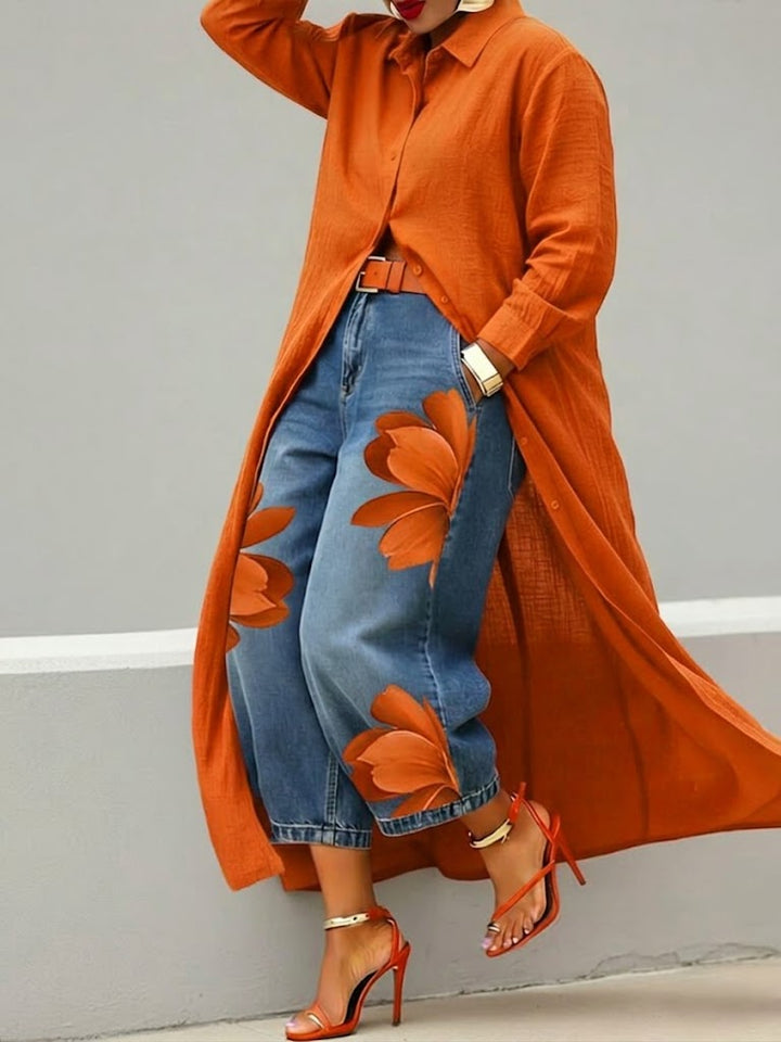 Daniella – Leinenkleid & Florales Denim-Set